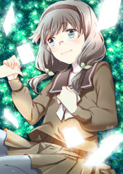 Rule 34 | 10s, 1girl, blue eyes, blush, brown hair, card, crying, crying with eyes open, glasses, hair ribbon, hairband, holding hands, light smile, long hair, long sleeves, mitsuki meia, pantyhose, ribbon, school uniform, selector wixoss, skirt, solo focus, tears, twintails, uemura hitoe, wixoss
