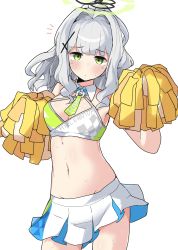 Rule 34 | 1girl, absurdres, blue archive, blush, breasts, cheerleader, cosplay, green eyes, grey hair, groin, hair intakes, hair ornament, hairclip, halo, hare (blue archive), highres, looking at viewer, midriff, millennium cheerleader outfit (blue archive), mureniii, navel, pleated skirt, pom pom (cheerleading), ponytail, skirt, small breasts, solo