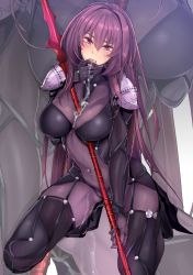 Rule 34 | 1girl, armor, between breasts, black thighhighs, blush, bodysuit, breasts, covered navel, cum, cum in mouth, cum on body, cum on clothes, cum on upper body, fate/grand order, fate (series), full body, hair between eyes, high heels, large breasts, licking, licking finger, long hair, looking at viewer, pauldrons, purple bodysuit, purple eyes, purple hair, rib:y(uhki), scathach (fate), shoulder armor, solo, speaker, suggestive fluid, thighhighs, very long hair, zoom layer