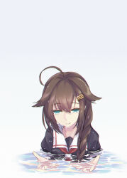 Rule 34 | 1girl, ahoge, alakoala, black serafuku, blue eyes, braid, brown hair, crying, crying with eyes open, grey background, hair between eyes, hair flaps, hair ornament, hair over shoulder, hairclip, highres, kantai collection, long hair, neckerchief, open mouth, red neckerchief, sad smile, school uniform, serafuku, shigure (kancolle), shigure kai ni (kancolle), short sleeves, simple background, single braid, solo, tears, upper body, water, white background