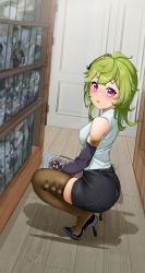 Rule 34 | absurdres, alternate costume, amber (genshin impact), ass, bare shoulders, black skirt, blush, book, breasts, casual, collei (genshin impact), from behind, full body, genshin impact, green hair, highres, holding, holding book, looking at viewer, nathda, open mouth, pencil skirt, purple eyes, ribbed shirt, shelf, shirt, skirt, squatting, sweatdrop, thighhighs, vision (genshin impact), wooden floor