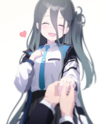 Rule 34 | aris (blue archive), blue archive, blue hair, blush, dark blue hair, dociracira, closed eyes, hair between eyes, hair ornament, happy, heart, highres, jacket, jewelry, long hair, necktie, open mouth, pov, pov hands, ring, school uniform, simple background, spoken heart, white background