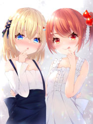 Rule 34 | 2girls, :p, bare shoulders, black dress, blonde hair, blue eyes, blush, center frills, chestnut mouth, closed mouth, commentary request, dress, frills, hair between eyes, hair ornament, hairclip, looking at viewer, multiple girls, nose blush, ooji cha, original, parted lips, red eyes, red hair, shirt, siblings, side ponytail, sisters, sleeveless, sleeveless dress, smile, tongue, tongue out, twins, white dress, white shirt, x hair ornament