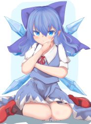 Rule 34 | 1girl, alternate hair length, alternate hairstyle, black socks, blue background, blue eyes, blue skirt, blue vest, blush, bobby socks, cirno, colored eyelashes, commentary, commentary request, english commentary, expressionless, hair between eyes, hair ribbon, hand on own arm, hand on own chin, highres, light blush, light frown, looking at viewer, mary janes, medium hair, mixed-language commentary, pointy ears, puffy short sleeves, puffy sleeves, red footwear, red neckwear, red ribbon, ribbon, serious, shadow, shirt, shoes, short sleeves, simple background, sitting, skirt, socks, solo, touhou, two-tone background, vekusasu 458, vest, wariza, white background, white shirt, wings