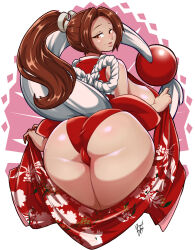 Rule 34 | 1girl, ass, ass focus, bare shoulders, bayeuxman, blush, breasts, brown eyes, brown hair, cleft of venus, curvy, fatal fury, female focus, from behind, hair ornament, highres, huge ass, huge breasts, japanese clothes, kimono, leotard, leotard under clothes, long hair, looking at viewer, naughty face, ninja, obi, parted lips, plump, ponytail, red kimono, red leotard, revealing clothes, sash, shiny skin, shiranui mai, sideboob, signature, smile, solo, the king of fighters, thick thighs, thighs, wide hips
