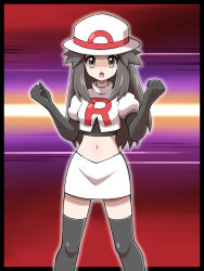 Rule 34 | 1girl, absurdres, arrow (symbol), black footwear, black gloves, boots, brown hair, clenched hands, creatures (company), crop top, cropped jacket, dialogue box, elbow gloves, eyelashes, game freak, gloves, hair flaps, hands up, hat, highres, jacket, leaf (pokemon), logo, long hair, miniskirt, navel, nintendo, open mouth, poke ball symbol, pokemon, pokemon frlg, shabana may, shirt, sidelocks, skirt, solo, team rocket, team rocket uniform, teeth, thigh boots, tongue, trainer wants to battle, upper teeth only, white hat, white jacket, white skirt