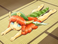 Rule 34 | 1girl, aged down, beret, blue eyes, blush, blush stickers, braid, dragon horns, dragon tail, dragon wings, fangs, green hat, hat, hong meiling, hong meiling (dragon), horns, indoors, long hair, lying, nude, on stomach, open mouth, red hair, scales, shirosato, soles, solo, star (symbol), sunlight, tail, tatami, toes, touhou, twin braids, very long hair, wings