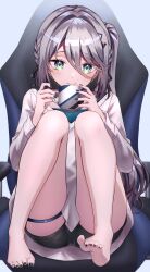 Rule 34 | 1girl, absurdres, barefoot, black hair, black nails, black ribbon, black shorts, brown hair, casual, chair, closed mouth, commentary, cup, diamond-shaped pupils, diamond (shape), eyes visible through hair, feet, feet up, gaming chair, gradient hair, green eyes, grey hair, hair between eyes, hair intakes, hair ribbon, highres, holding, holding cup, legs, long hair, long sleeves, looking at viewer, mole, mole under each eye, mole under eye, mole under mouth, multicolored hair, multiple moles, nail polish, neit ni sei, nijisanji, ribbon, shirt, short shorts, shorts, side ponytail, sitting, solo, sophia valentine, swept bangs, swivel chair, symbol-shaped pupils, thigh strap, toenail polish, toenails, very long hair, virtual youtuber, white shirt