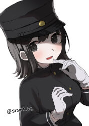 Rule 34 | 1girl, akitsu maru (kancolle), black eyes, black hair, breasts, gloves, hat, highres, kantai collection, large breasts, military hat, military uniform, one-hour drawing challenge, pale skin, peaked cap, shirasumato, short hair, simple background, solo, twitter username, uniform, upper body, white background, white gloves