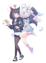 Rule 34 | 2girls, ;d, absurdres, ahoge, animal ears, animal hood, artist name, backpack, bag, bag charm, barefoot, beads, black choker, black hair, black jacket, black neckerchief, black pantyhose, black serafuku, blue archive, blue hair, blue hoodie, blue jacket, blush, breaking, breasts, buttons, candy, cat ears, cat girl, charm (object), choker, clenched hand, collar, colored inner hair, covered navel, extra ears, eyelashes, floating hair, food, green footwear, green sailor collar, grey serafuku, grey shirt, grey skirt, hair beads, hair between eyes, hair bobbles, hair ornament, hair scrunchie, hairclip, halo, hancho, hands up, highres, holding, holding food, hood, hood up, hoodie, ice cream, jacket, jumping, kazusa (blue archive), light blue hair, long hair, long sleeves, looking at viewer, low twintails, macaron, midriff, midriff peek, multicolored hair, multiple girls, navel, neckerchief, one eye closed, open clothes, open jacket, open mouth, pantyhose, paper, pink bag, pink footwear, pink hair, pink halo, pink neckerchief, pink socks, pleated skirt, purple eyes, purple hair, red eyes, reisa (blue archive), sailor collar, school uniform, scrunchie, serafuku, shirt, shoes, short hair, sidelocks, signature, simple background, skirt, small breasts, smile, socks, solo, sprinkles, star (symbol), star hair ornament, star halo, streaked hair, stuffed animal, stuffed toy, surprised, suspender skirt, suspenders, twintails, two-tone hair, v-shaped eyebrows, white background, white halo, white sailor collar, white shirt