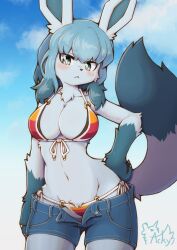 Rule 34 | 1girl, acky, animal ears, artist name, bikini, blue eyes, blue fur, blue hair, blue shorts, blue sky, body fur, breasts, bright pupils, cleavage, closed mouth, cloud, commentary request, creatures (company), day, furry, furry female, game freak, gen 4 pokemon, glaceon, highres, looking at viewer, medium breasts, medium hair, multicolored bikini, multicolored clothes, navel, nintendo, outdoors, pokemon, pokemon (creature), shorts, side-tie bikini bottom, sky, solo, striped bikini, striped clothes, swimsuit, tail, white pupils