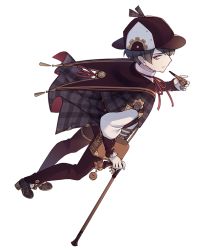 Rule 34 | achan (blue semi), brown capelet, brown hair, cane, capelet, from above, full body, grand fantasia, hat, holding, holding smoking pipe, looking at viewer, male focus, official art, plaid, red eyes, red ribbon, ribbon, sherlock holmes (grand fantasia), smoking pipe, solo, standing, tool kit, transparent background, walking, white background