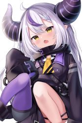 Rule 34 | 1girl, ahoge, ascot, blush, braid, chocola vt, coat, collar, demon girl, demon horns, fang, feet out of frame, grey hair, hand up, highres, hololive, horns, knees up, la+ darknesss, long hair, long sleeves, looking at viewer, metal collar, multicolored hair, open mouth, pantyhose, pointy ears, purple coat, purple hair, purple pantyhose, sidelocks, single leg pantyhose, sitting, skin fang, sleeves past fingers, sleeves past wrists, solo, streaked hair, striped horns, virtual youtuber, white background, yellow ascot, yellow eyes