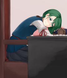 Rule 34 | 1girl, absurdres, armchair, black skirt, blue vest, blush, chair, closed mouth, commentary request, from side, green eyes, green hair, hat, unworn hat, unworn headwear, highres, ozu (agito100001), pleated skirt, red ribbon, ribbon, shiki eiki, shirt, sitting, skirt, smile, solo, table, touhou, vest, white shirt