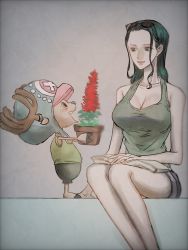 Rule 34 | 1boy, 1girl, age difference, artist request, black hair, book, breasts, cleavage, height difference, highres, large breasts, long hair, nico robin, one piece, plant, potted plant, shorts, sitting, smile, sunglasses on head, tank top, tony tony chopper