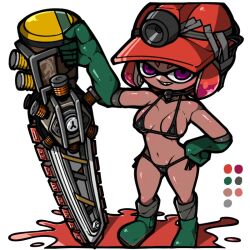 1girl aqua_footwear aqua_gloves bare_shoulders bikini boots breasts cleavage color_guide dark-skinned_female dark_skin duct_tape elbow_gloves gloves grin grizzco_splatana_(splatoon) groin headset helmet inkling inkling_girl inkling_player_character legs_apart medium_breasts micro_bikini mining_helmet name_omoitukan2 navel nintendo purple_eyes red_hair red_helmet rubber_boots rubber_gloves salmon_run_(splatoon) shiny_skin short_hair simple_background smile solo splatoon_(series) standing swimsuit teeth tentacle_hair thick_lineart underboob white_background