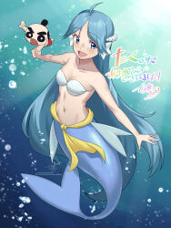 Rule 34 | 1boy, 1girl, :d, air bubble, awono nanaumi, bikini, bikini top only, blue eyes, blue hair, blush, breasts, bubble, character request, chibi, chibi inset, cleavage, commentary request, commission, dated, full body, highres, kura sushi, long hair, mermaid, monster girl, navel, open mouth, signature, skeb commission, small breasts, smile, swimsuit, underwater, white bikini