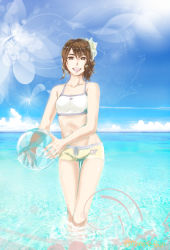 Rule 34 | 1girl, ball, beachball, bikini, breasts, brown eyes, brown hair, cissnei, cloud, collarbone, crisis core final fantasy vii, day, female focus, final fantasy, final fantasy vii, flower, flower on head, highres, legs, looking at viewer, momota (monakapain), navel, ocean, open mouth, outdoors, shorts, sky, small breasts, solo, square enix, stomach, sunlight, swimsuit, thighs, turks (ff7), twitter username, water