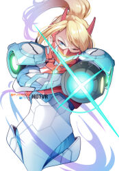 Rule 34 | 1girl, aiming, aiming at viewer, arm cannon, armor, blonde hair, blue eyes, hot vr, incoming attack, long hair, looking at viewer, metroid, nintendo, one eye closed, patreon username, ponytail, power suit, samus aran, simple background, solo, weapon, white background