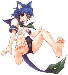 Rule 34 | 1girl, akiyama nenehisa, animal ears, barefoot, black one-piece swimsuit, cat ears, cat tail, feet, foot focus, foreshortening, no pants, one-piece swimsuit, red eyes, school swimsuit, school uniform, serafuku, soles, solo, swimsuit, swimsuit under clothes, tail, toes