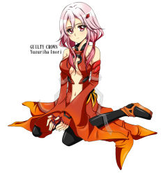 Rule 34 | 10s, 1girl, bare shoulders, black thighhighs, breasts, cat&#039;s cradle, center opening, cleavage, detached sleeves, elbow gloves, fingerless gloves, full body, gloves, guilty crown, hair ornament, hairclip, highres, long hair, looking at viewer, mi mi mi, navel, pink hair, red eyes, sitting, solo, thighhighs, twintails, wariza, yuzuriha inori