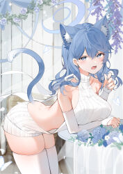 Rule 34 | 1girl, :o, absurdres, ako (blue archive), alternate costume, animal ears, argyle, argyle clothes, argyle sweater, armpit crease, blue archive, blue eyes, blue hair, blush, breasts, bridal gauntlets, cat ears, cat tail, earrings, elbow gloves, fingernails, gloves, halo, highres, jewelry, kemonomimi mode, large breasts, leaning forward, looking at viewer, meme attire, nail polish, sideless outfit, skindentation, solo, sweater, tail, thighhighs, virgin killer sweater, white gloves, white sweater, white thighhighs, yukineko1018
