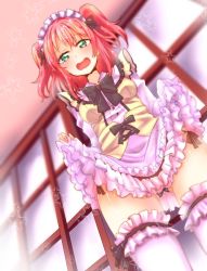 Rule 34 | 10s, 1girl, aqua eyes, black panties, clothes lift, from below, gothic lolita, highres, kurosawa ruby, lolita fashion, looking at viewer, love live!, love live! school idol festival, love live! sunshine!!, maid headdress, open mouth, panties, red hair, ribbon, rinne (mizunosato), skirt, skirt lift, solo, star (symbol), tears, thighhighs, twintails, two side up, underwear, wavy mouth