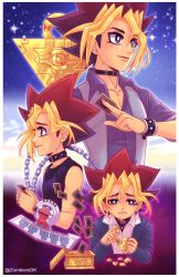 Rule 34 | 1boy, black shirt, blonde hair, blue jacket, card, chain, closed mouth, collar, commentary, duel disk, english commentary, frown, furrowed brow, hand up, holding, holding card, jacket, long sleeves, male focus, millennium puzzle, multicolored hair, muto yugi, raised eyebrows, shirt, sleeveless, sleeveless shirt, spiked hair, white shirt, wristband, yu-gi-oh!, zombiedaisuke