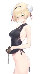 Rule 34 | alternate costume, alternate hairstyle, bare shoulders, black dress, black gloves, blonde hair, blush, breasts, china dress, chinese clothes, clothes lift, commission, dot nose, double bun, dress, embarrassed, from side, furrowed brow, girls&#039; frontline, gloves, green eyes, hair bun, hair ribbon, highres, looking at viewer, medium breasts, narrowed eyes, pelvic curtain, pelvic curtain lift, red ribbon, ribbon, short hair, sideboob, skeb commission, suzuya (maru), welrod mkii (girls&#039; frontline)