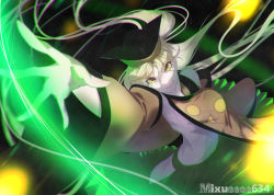Rule 34 | 1girl, absurdres, arm up, black background, black hat, blonde hair, breasts, brown hat, cape, closed mouth, commentary request, constellation, constellation print, detached sleeves, energy, eyelashes, eyes visible through hair, flying, green skirt, grey shirt, hair between eyes, hand up, hat, highres, long hair, long sleeves, looking at viewer, looking up, matara okina, md5 mismatch, medium breasts, orange cape, resolution mismatch, shirt, simple background, skirt, smile, soi soi (mixueeee634), solo, source smaller, tabard, touhou, wide sleeves, yellow eyes