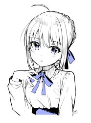 Rule 34 | 1girl, artoria pendragon (all), artoria pendragon (fate), bad id, bad pixiv id, blue bow, blue eyes, bow, braid, breasts, collared shirt, fate/stay night, fate (series), fingernails, hair between eyes, hair bow, hand up, head tilt, highres, ichiren namiro, looking at viewer, monochrome, parted lips, saber (fate), shirt, sidelocks, signature, small breasts, solo, upper body