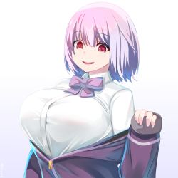 Rule 34 | 1girl, bow, bowtie, breasts, commentary request, gradient background, gridman universe, highres, large breasts, looking at viewer, open mouth, pink hair, purple background, purple bow, purple bowtie, red eyes, school uniform, shiki (psychedelic g2), shinjou akane, shirt, short hair, smile, solo, ssss.gridman, upper body, white shirt