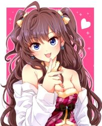 Rule 34 | 10s, 1girl, :3, :d, bad id, bad pixiv id, bare shoulders, blue eyes, breasts, brown hair, cleavage, earrings, finger to mouth, ichinose shiki, idolmaster, idolmaster cinderella girls, jewelry, off shoulder, open mouth, restaint, smile, solo, two side up, upper body