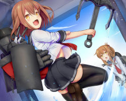 Rule 34 | 2girls, :d, :o, anchor, black legwear, blue sky, blush, brown footwear, brown hair, day, em s, fang, folded ponytail, from behind, hair ornament, hairclip, hangar, holding, ikazuchi (kancolle), inazuma (kancolle), kantai collection, loafers, looking at viewer, looking back, miniskirt, multiple girls, necktie, open mouth, pleated skirt, red neckwear, rigging, school uniform, serafuku, shirt, shoes, short hair, sidelocks, skirt, sky, sleeves past elbows, sleeves pushed up, smile, splashing, standing, standing on one leg, tareme, thighhighs, water, white shirt, yellow eyes, zettai ryouiki