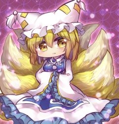 Rule 34 | 1girl, animal ears, animal hat, blonde hair, breasts, dress, floral background, fox ears, frilled dress, frilled hat, frills, hair between eyes, hat, jewelry, kitsune, light particles, long sleeves, looking at viewer, medium hair, mob cap, multiple tails, own hands together, pink background, solo, standing, tabard, tail, touhou, unime seaflower, white dress, white hat, wide sleeves, yakumo ran, yellow eyes, yellow tail