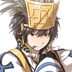 Rule 34 | 1boy, arch bishop (ragnarok online), black gloves, brown eyes, brown feathers, brown hair, closed mouth, commentary request, crown, feathers, fingerless gloves, gloves, jacket, leaf, long sleeves, looking at viewer, male focus, mouth hold, natsuya (kuttuki), ragnarok online, short hair, simple background, smile, solo, stalk in mouth, upper body, white background, white jacket