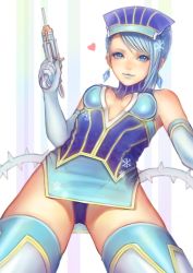 Rule 34 | 10s, 1girl, bad id, bad pixiv id, bare shoulders, blue eyes, blue hair, blue rose (tiger &amp; bunny), boots, breasts, cleavage, earrings, elbow gloves, female focus, fingernails, fingernails over gloves, gloves, gun, hat, heart, jewelry, karina lyle, lipstick, makeup, matching hair/eyes, medium breasts, short hair, snowflakes, solo, thigh boots, thighhighs, tiger &amp; bunny, tyun, weapon, white background