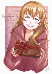 Rule 34 | 1girl, absurdres, artist name, artist request, blush, breasts, brown hair, brown jacket, female focus, floral bow, gift, hair between eyes, hair over shoulder, half-closed eyes, happy valentine, highres, holding, holding gift, jacket, konoe kanata, long hair, long sleeves, looking at viewer, love live!, love live! nijigasaki high school idol club, nail, nail polish, nefielia, parted lips, purple eyes, red nails, smile, solo, teeth, upper body, valentine, white background