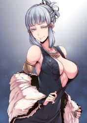 Rule 34 | 1girl, bare shoulders, braid, breasts, coat, dress, fate/grand order, fate (series), french braid, fur coat, highres, jewelry, large breasts, nail polish, nakamura regura, necklace, penthesilea (fate), penthesilea (shining skyscrapers) (fate), sidelocks, silver hair, smile, upper body, yellow eyes
