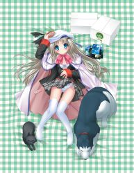 Rule 34 | 1girl, black jacket, blazer, bra, breasts, cape, capelet, cleavage, clothes lift, dog, from above, grey skirt, hand on headwear, hat, highres, jacket, kud wafter, little busters!, long hair, long sleeves, looking at viewer, lying, miniskirt, na-ga, noumi kudryavka, official art, on back, open clothes, open jacket, panties, pink neckwear, plaid, plaid skirt, pleated skirt, school uniform, silver hair, skirt, skirt lift, small breasts, solo, thighhighs, underwear, very long hair, white bra, white cape, white capelet, white hat, white panties, white thighhighs