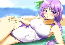 Rule 34 | beach, blue sky, breasts, competition swimsuit, d-m (dii emu), day, flower, hair flower, hair ornament, hand on own hip, light purple hair, looking at viewer, low twintails, lying, medium breasts, one-piece swimsuit, purple one-piece swimsuit, sand, sky, smile, solo, swimsuit, touhou, tsukumo benben, twintails, two-tone swimsuit, water, white one-piece swimsuit