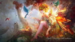 Rule 34 | 1girl, angel, antilous, autumn leaves, barefoot, bird, blonde hair, blue eyes, butterfly wings, english text, fantasy, forest, hair bun, hair ornament, highres, in tree, insect wings, knee up, nature, original, outdoors, outstretched hand, short hair, single hair bun, sitting, solo, tree, watermark, wings
