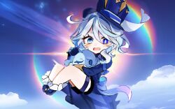 Rule 34 | 1girl, ahoge, animal, black shorts, blue bow, blue eyes, blue hat, blue jacket, blue sky, boots, bow, chibi, cloud, commentary request, day, drop-shaped pupils, eyelashes, furina (genshin impact), genshin impact, hair between eyes, hair intakes, hat, heterochromia, holding, holding animal, jacket, long sleeves, looking at viewer, mismatched pupils, open mouth, san (sanmi0613), short hair, short shorts, shorts, sidelocks, sky, solo, swept bangs, symbol-shaped pupils, tilted headwear, top hat, white hair