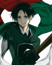 Rule 34 | 1boy, alternate eye color, axis powers hetalia, bad id, bad pixiv id, black gloves, black hair, blue eyes, bulgaria (hetalia), colored eyelashes, flag, foreshortening, gloves, gori, hair intakes, holding, long sleeves, looking at viewer, male focus, military, military uniform, outstretched arm, parted bangs, smile, solo, uniform