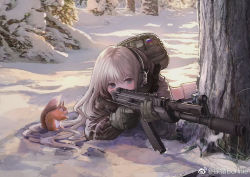 Rule 34 | 1girl, aiming, animal, backpack, bag, blue eyes, bonnie, commentary request, day, green bag, grey hair, gun, highres, holding, holding gun, holding weapon, long hair, lying, on stomach, original, outdoors, rifle, russian flag, scope, sniper rifle, snow, squirrel, tree, weapon, weibo watermark, white hair