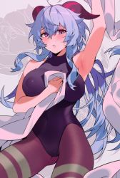 Rule 34 | ahoge, arm up, bad id, bad pixiv id, bechu, black pantyhose, blue hair, blush, bodystocking, bodysuit, breasts, covered erect nipples, covered navel, covering privates, flower, ganyu (genshin impact), genshin impact, gluteal fold, highres, horns, leotard, leotard under clothes, long hair, looking at viewer, medium breasts, multicolored eyes, pantyhose, sidelocks, solo, sweat, thighlet
