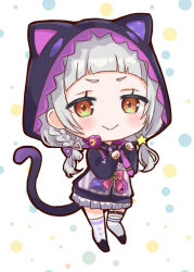 Rule 34 | 1girl, animal hood, arched bangs, black jacket, cat girl, cat hood, cat tail, chibi, closed mouth, commentary request, full body, grey hair, grey skirt, hololive, hood, hooded jacket, jacket, long hair, long sleeves, looking at viewer, low twintails, miniskirt, murasaki shion, murasaki shion (school uniform), nanaka nagomi, official alternate hairstyle, plaid, plaid skirt, pleated skirt, polka dot, polka dot background, short eyebrows, skirt, solo, tail, thick outlines, twintails, v-shaped eyebrows, virtual youtuber, white background, yellow eyes
