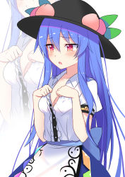 Rule 34 | 1girl, alternate eye color, back bow, bare shoulders, belt, black hat, blue belt, blue bow, blue hair, blue skirt, blush, bow, buttons, collarbone, collared shirt, commentary request, e.o., food, frills, fruit, hair between eyes, hands on own chest, hands up, hat, hat ornament, highres, hinanawi tenshi, leaf, leaf hat ornament, long hair, looking down, open clothes, open mouth, open shirt, peach, pink eyes, puffy short sleeves, puffy sleeves, rainbow, shirt, short sleeves, sidelocks, simple background, skirt, solo, standing, tongue, touhou, white background, white shirt
