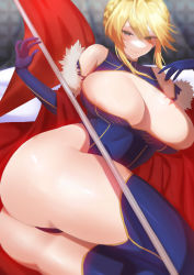 Rule 34 | 1girl, absurdres, artoria pendragon (fate), artoria pendragon (lancer) (fate), ass, bare shoulders, blonde hair, blue gloves, blue leotard, blue thighhighs, braid, breasts, cape, cleavage, cleavage cutout, clothing cutout, elbow gloves, fate/grand order, fate (series), french braid, fur-trimmed cape, fur trim, gloves, green eyes, hair between eyes, heattech leotard, highleg, highleg leotard, highres, jikuyuki (ysesst96262), large breasts, leotard, long hair, looking at viewer, red cape, sidelocks, smile, solo, thick thighs, thighhighs, thighs, turtleneck