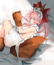 Rule 34 | 1girl, absurdres, animal ear fluff, animal ears, animal hands, apron, ass, bare shoulders, bed sheet, blush, bow, breasts, brown eyes, brown gloves, cat hair ornament, cat paws, cleavage, fang, fate/extra, fate/grand order, fate (series), fox ears, fox girl, fox tail, gloves, hair between eyes, hair bow, hair ornament, highres, large breasts, long hair, looking at viewer, lying, maid apron, maid headdress, naked apron, on side, parted lips, paw gloves, paw shoes, pink hair, ponytail, profile, red bow, shoes, sidelocks, silver (chenwen), solo, tail, tamamo (fate), tamamo cat (fate), tamamo cat (third ascension) (fate), white apron
